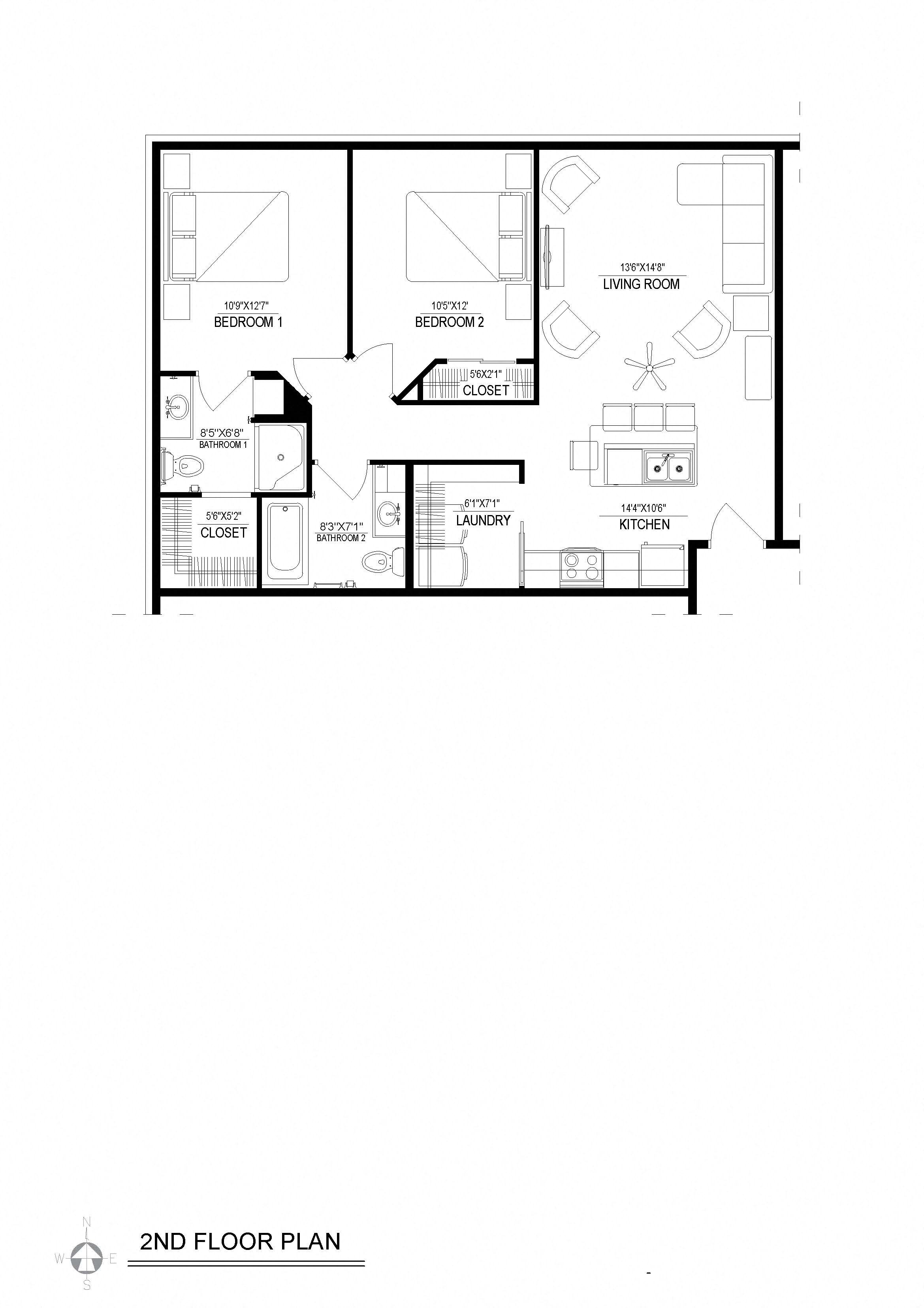 Floor plan for 2 beds, 2 baths, 923 sqft